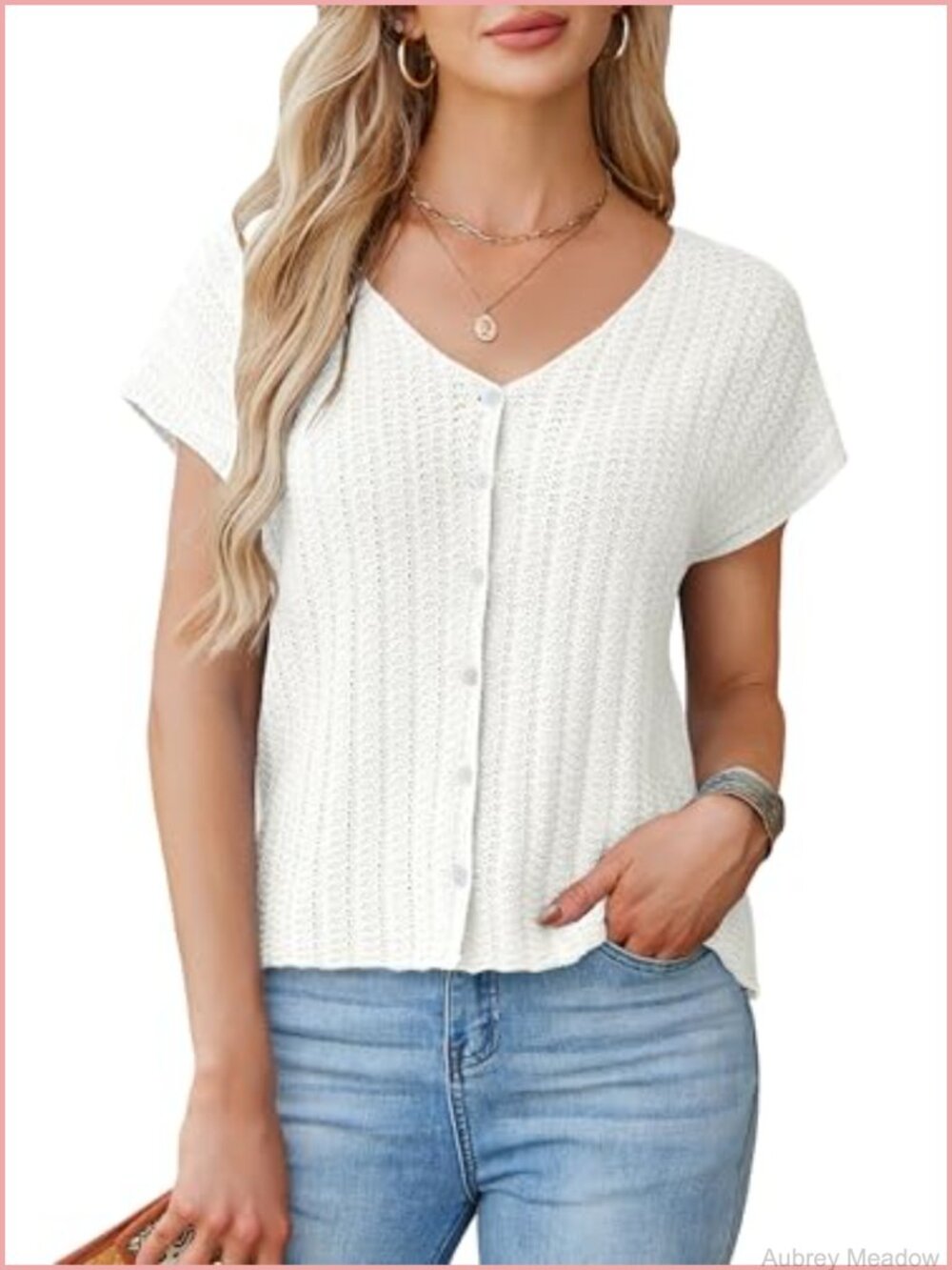 Crochet Knit Button Up V Neck Short Sleeve Cardigan Sweater Vest